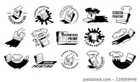 Screen printing. Stylized elements for silkscreen printing house squeegees paint recent vector badges collection set Screen printing. Stylized elements for silkscreen printing house squeegees paint recent vector badges collection set 119089446