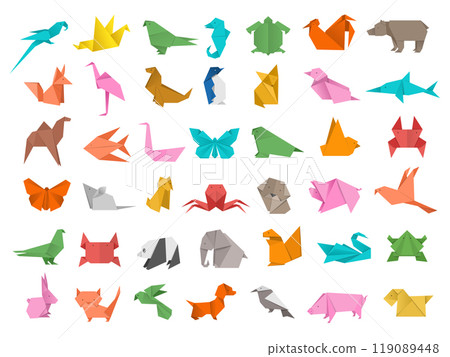 Origami. Traditional asian hobby making animals from cardboard or paper geometric folding shapes recent vector templates 119089448