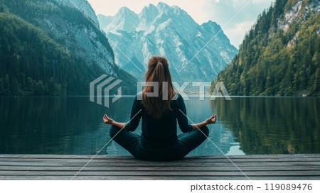 Woman meditating on pier with mountain lake view 119089476