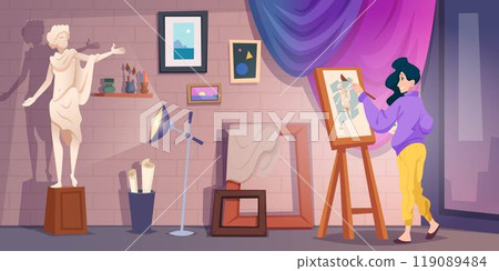 Art workshop. Artists drawing paints on easel exact vector creative persons cartoon background Art workshop. Artists drawing paints on easel exact vector creative persons cartoon background 119089484