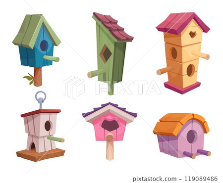 Bird house. Wooden cute places for birds home nest exact vector different houses Bird house. Wooden cute places for birds home nest exact vector different houses 119089486