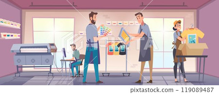 Print house. Professional workers on the working place printing with squeegee and mesh stencil frame exact vector background illustration Print house. Professional workers on the working place printing with squeegee and mesh stencil frame exact vector background illustration 119089487