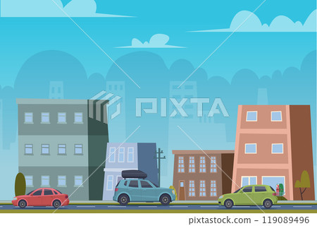 city outdoor. urban landscape background with houses and cars driving on road 119089496