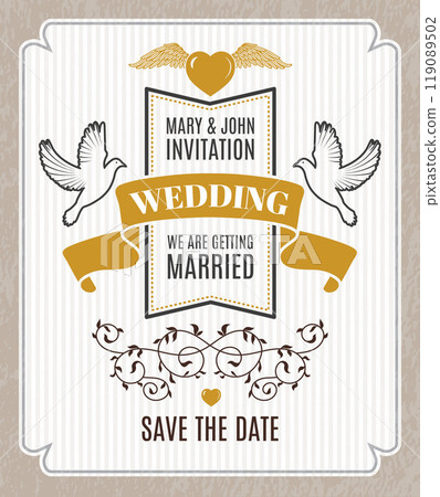 wedding poster. placard invitation to happy couples getting married. vector template design with ribbons and decorative frames 119089502