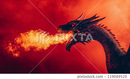 Black dragon breathing fire on red background 119089520