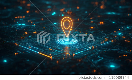 Glowing location pin floating over futuristic circuit board 119089544