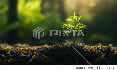 Small plant growing in fertile soil with sunlight 119089573