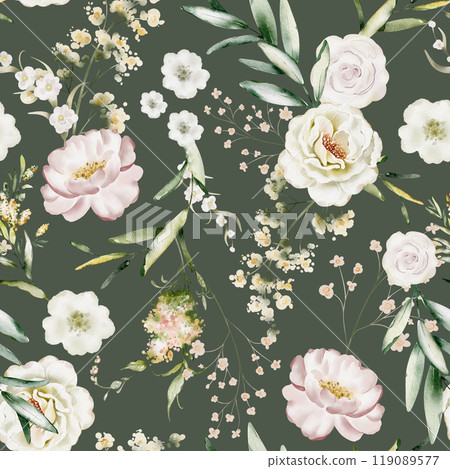 Cream Peonies and Roses Seamless Pattern. Hand drawn watercolor ornament with Pastel Flowers on green background. Backdrop fabric wallpaper. Botanical print for textile designs in wedding themes. Cream Peonies and Roses Seamless Pattern. Hand drawn watercolor ornament with Pastel Flowers on green background. Backdrop fabric wallpaper. Botanical print for textile designs in wedding themes. 119089577