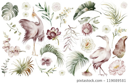 Tropic leaves, flower and birds watercolor illustration. Hand painted of set with exotic silhouette plants on isolated background. Botanical elements palm of jungle foliage on wedding for icon. 119089581
