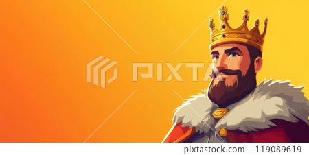 Serious king wearing a crown looking upwards on yellow background 119089619