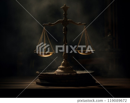 Antique scales of justice balancing on wooden desk in dark smoky room 119089672