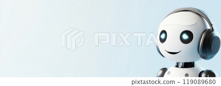 Cute robot listening to music with headphones on blue background 119089680