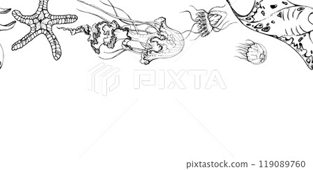 Marine life, sea ocean underwater creatures fish, shells algae seaweed, Ink and pen sketch hand drawn. Seamless banner illustration, stylized, isolated on white. For zoo shop, aquarium, fabric decor 119089760