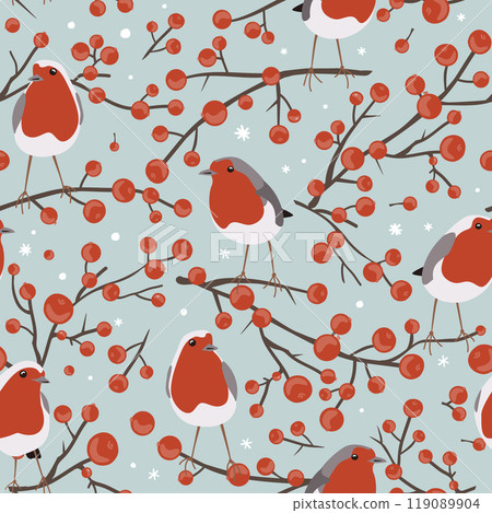 Robin birds and red berries branches, seamless Christmas pattern, winter vector illustration, print on blue background Robin birds and red berries branches, seamless Christmas pattern, winter vector illustration, print on blue background 119089904