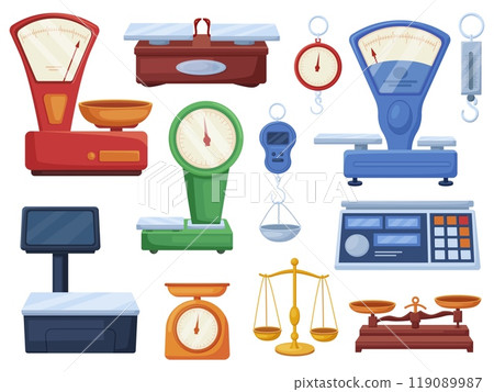 Cartoon retail scales. Isolated store scale for weighing food and goods. Mechanical and electric weighed system. Retail equipment nowaday vector set Cartoon retail scales. Isolated store scale for weighing food and goods. Mechanical and electric weighed system. Retail equipment nowaday vector set 119089987