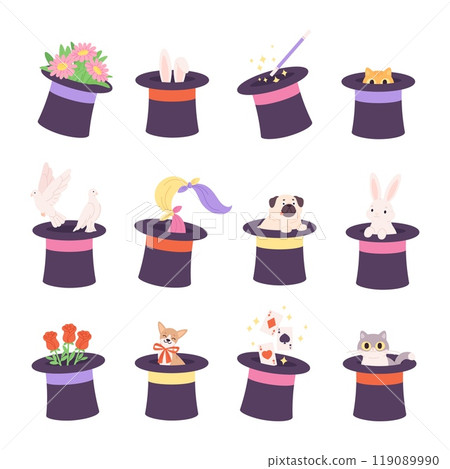 Magic cylinder. Magician cylinders for tricks witn accessories and animals. Bunny ears, dogs cats roses playing cards and handkerchiefs, racy vector set Magic cylinder. Magician cylinders for tricks witn accessories and animals. Bunny ears, dogs cats roses playing cards and handkerchiefs, racy vector set 119089990