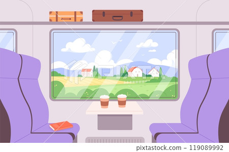 Passenger train window. Railway journey in cozy modern carriage with chairs and coffee table. Vacation in village, view on houses and valley racy vector scene Passenger train window. Railway journey in cozy modern carriage with chairs and coffee table. Vacation in village, view on houses and valley racy vector scene 119089992