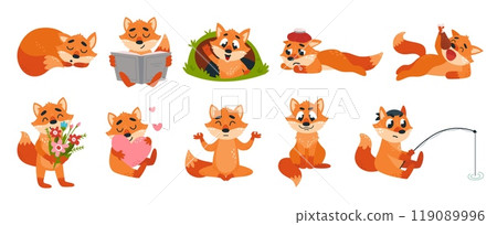 Red fox characters. Wild foxes sleeping eating looking from hole and meditation. Forest cute animals various actions, children mascor classy vector set Red fox characters. Wild foxes sleeping eating looking from hole and meditation. Forest cute animals various actions, children mascor classy vector set 119089996