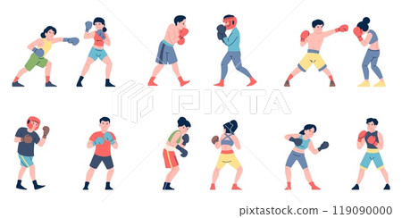 Boxing characters. People wear boxers gloves, fighting athletes. Sparring training, wrestling, boxer workout with sportler, recent vector set 119090000