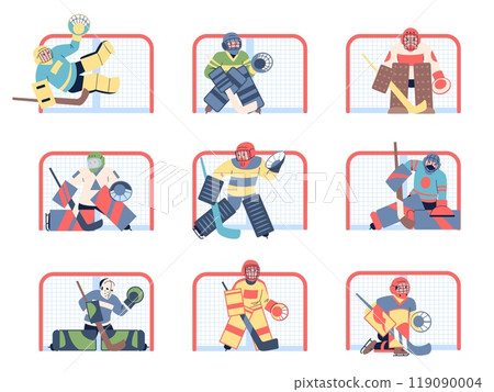 Hockey goalkeepers. Flat sport guards in colorful different gears. Sport characters with hockey sticks and in mask waiting puck, recent vector set 119090004