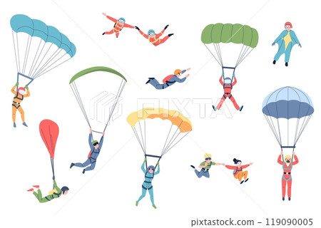Skydiver characters. Professional skydivers jumping with parachutes. Extreme sport or recreation. Parachuting, flat skydiving recent vector set Skydiver characters. Professional skydivers jumping with parachutes. Extreme sport or recreation. Parachuting, flat skydiving recent vector set 119090005