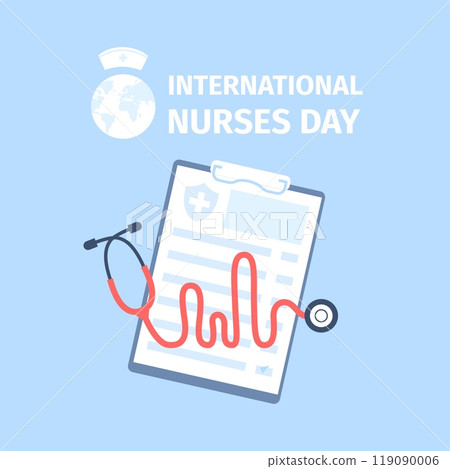 Nurse day poster design. Flat simple medical celebrating banner with stethoscope. Hospital workers placard, elements for web or greeting cards, recent vector background Nurse day poster design. Flat simple medical celebrating banner with stethoscope. Hospital workers placard, elements for web or greeting cards, recent vector background 119090006