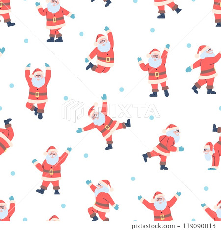 Happy Santa Claus seamless pattern. Christmas characters dancing, joyful Santa. Xmas print for wrapping fabric design, winter festive vector background 119090013