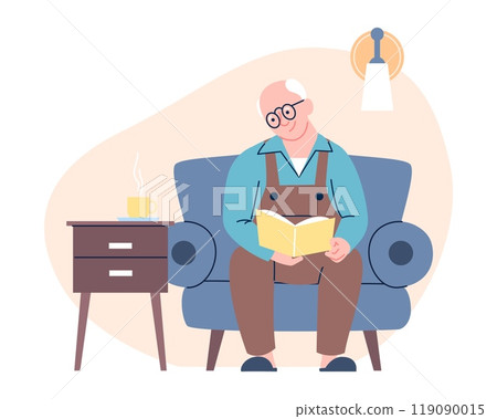 Grandfather reading book. Old man sitting on chair in cozy living room and resting with magazine or periodical. Relaxing time, retirement vector character Grandfather reading book. Old man sitting on chair in cozy living room and resting with magazine or periodical. Relaxing time, retirement vector character 119090015