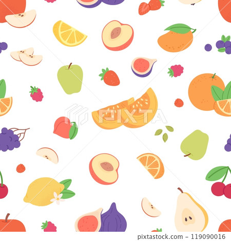 Fresh food seamless pattern. Agriculture farm harvest, vegetables fruits. Pumpkin apple pear peach cherry orange lemon. Vector background 119090016