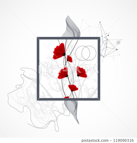 Abstract nature background. Red poppy flowers in a frame. Hand drawn vector. Abstract nature background. Red poppy flowers in a frame. Hand drawn vector. 119090316