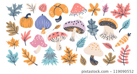 Set of isolated cute Fall elements in doodle hand drawn style on a transparent background. Vol.3 : Mushrooms series in pastel colorful orange and pink color tone. 119090552