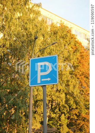 Blue parking sign on natural green background. road sign You can park your car on right.  119090597