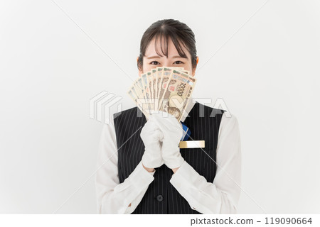 Woman with money, uniform, white gloves Woman with money, uniform, white gloves 119090664