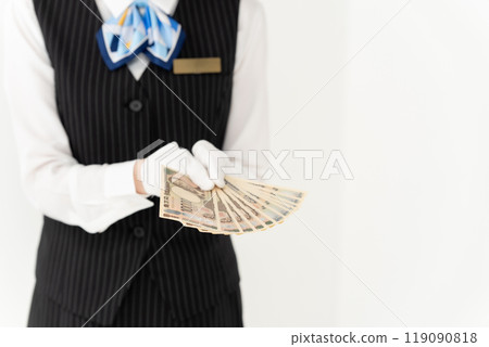 Woman with money, uniform, hand 119090818