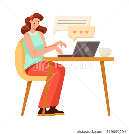 Online Communication with Woman Character Sit at Laptop Chatting Vector Illustration 119090904