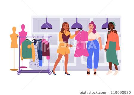 Woman Character Choosing Clothes at Shop or Fashion Store Vector Illustration 119090920
