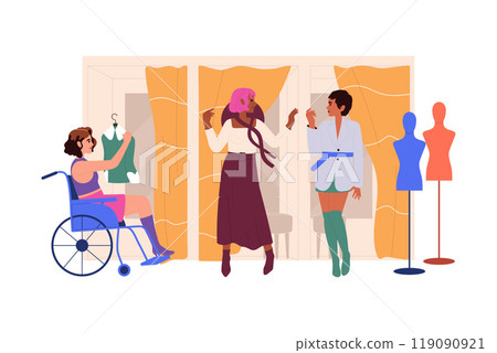Woman Character Choosing Clothes at Shop or Fashion Store Vector Illustration 119090921