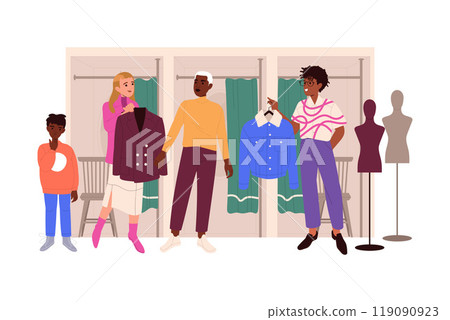 Man and Woman Character Choosing Clothes at Shop or Fashion Store Vector Illustration 119090923