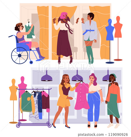 Woman Character Choosing Clothes at Shop or Fashion Store Vector Set Woman Character Choosing Clothes at Shop or Fashion Store Vector Set 119090926