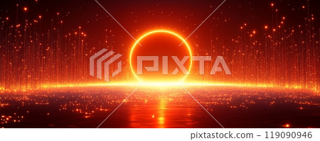 Red background with glowing lines and stars on the ground 119090946