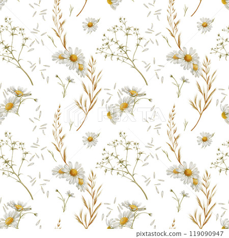 Seamless floral pattern of chamomiles,buds,stems,daisy petals,dried flowers,feverweed on white background in vertical wave direction in soft warm colors for textile, stationery,fashion industry 119090947