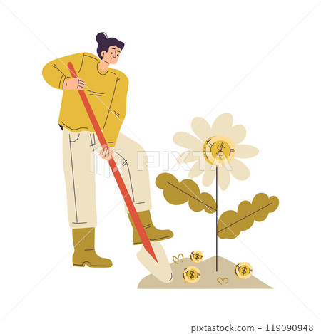 Woman Character Have Capital Cultivate Plant with Money Golden Coin Vector Illustration 119090948
