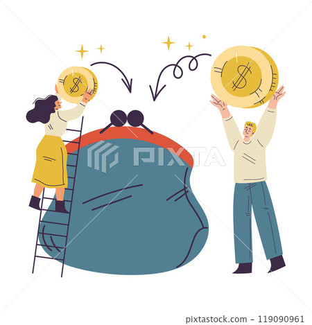 Man and Woman Character Have Capital Put Money Golden Coin in Purse Vector Illustration Man and Woman Character Have Capital Put Money Golden Coin in Purse Vector Illustration 119090961