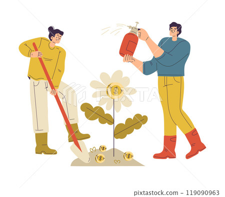 Man and Woman Character Have Capital Care of Plant with Money Golden Coin Vector Illustration 119090963