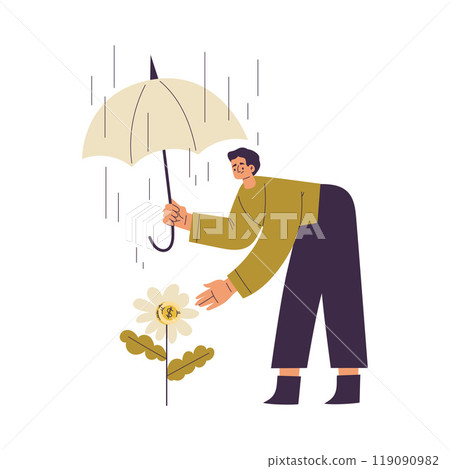 Man Character Have Capital Care of Flower with Money Golden Coin Vector Illustration 119090982
