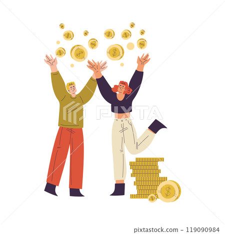 Man and Woman Character Have Capital Rejoice with Money Golden Coin Vector Illustration Man and Woman Character Have Capital Rejoice with Money Golden Coin Vector Illustration 119090984