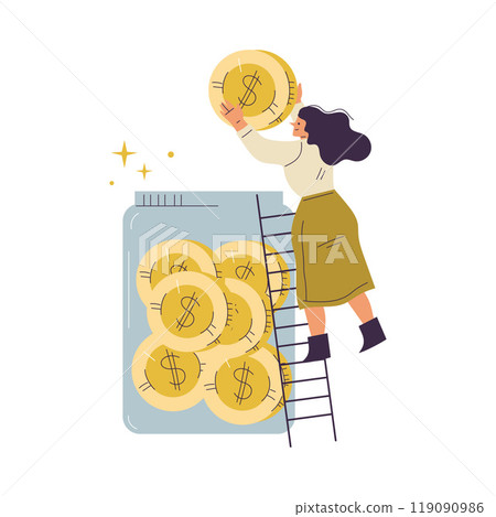 Woman Character Have Capital Put Money Golden Coin in Jar Vector Illustration 119090986