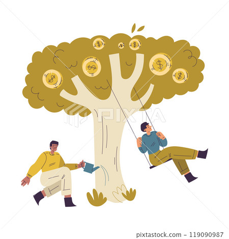 Man and Woman Character Have Capital Swing on Tree with Money Golden Coin Vector Illustration 119090987