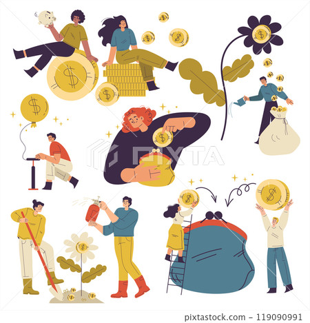 People Character Have Capital with Money Golden Coin Vector Set 119090991