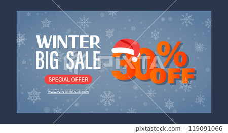 Winter sale banner template with snowflakes and Santa hat. Social media banner. Illustration 119091066